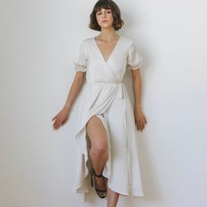 Puff sleeve midi white wrap dress bridal